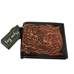 Myra Bag Paradise Mens Wallet Black Brown Tooled Leather RFID Bifold S-6586 NEW
